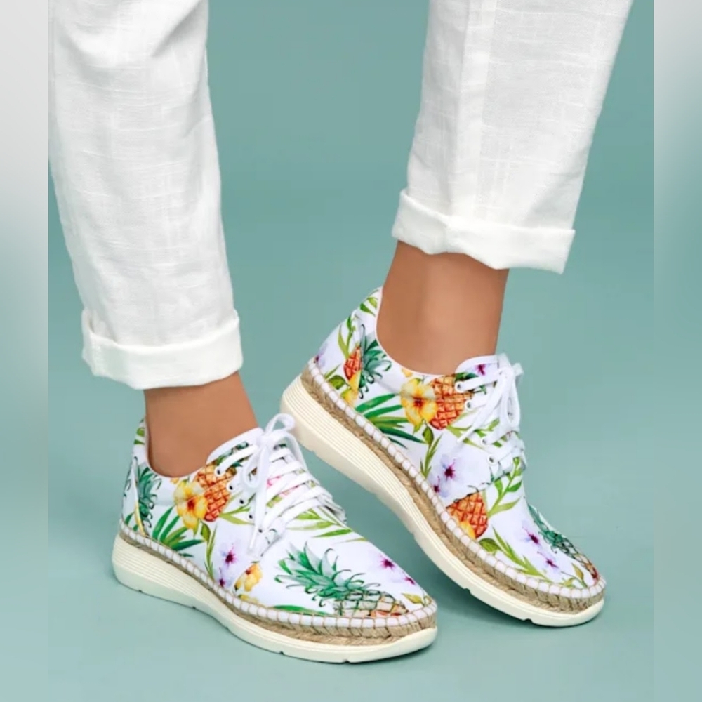Free People Jackson White Tropical Print Espadrille Sneakers Size 7.5
